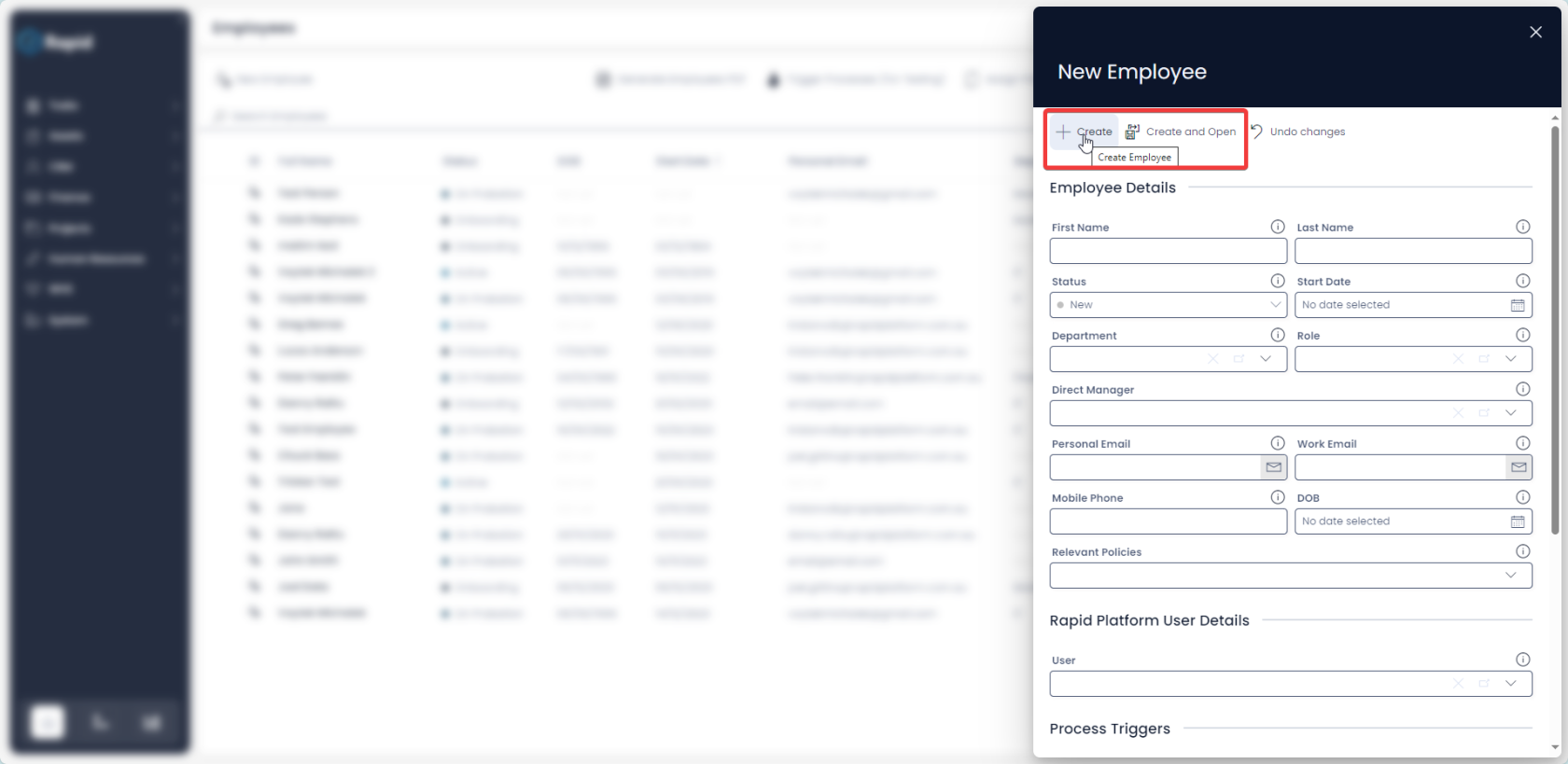 A screenshot that depicts the &quot;create&quot; and &quot;create and open&quot; buttons at the top of the &quot;new employee creation form&quot; side panel.